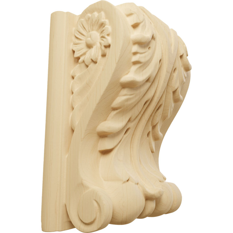 Bloc d'acanthe avec plaque corbeau en bois, Aulne, H 5,5 po x l 4,25 po x P 2,5 po