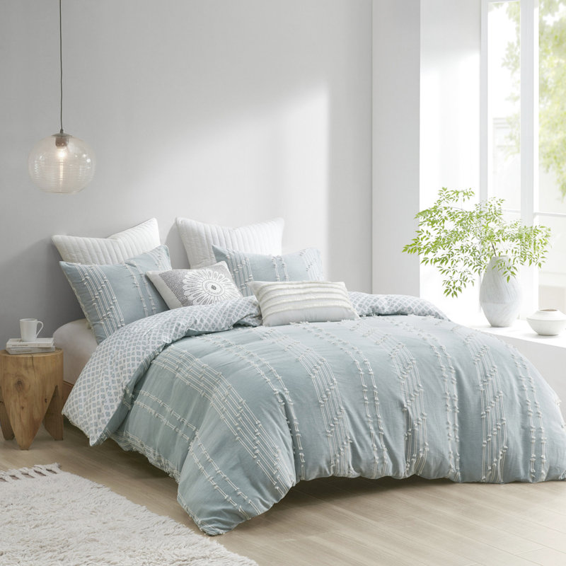 Couette 3 pièces pour lit double/queen, en coton à rayures naturelles, lavable à la machine, fermeture à boutons
