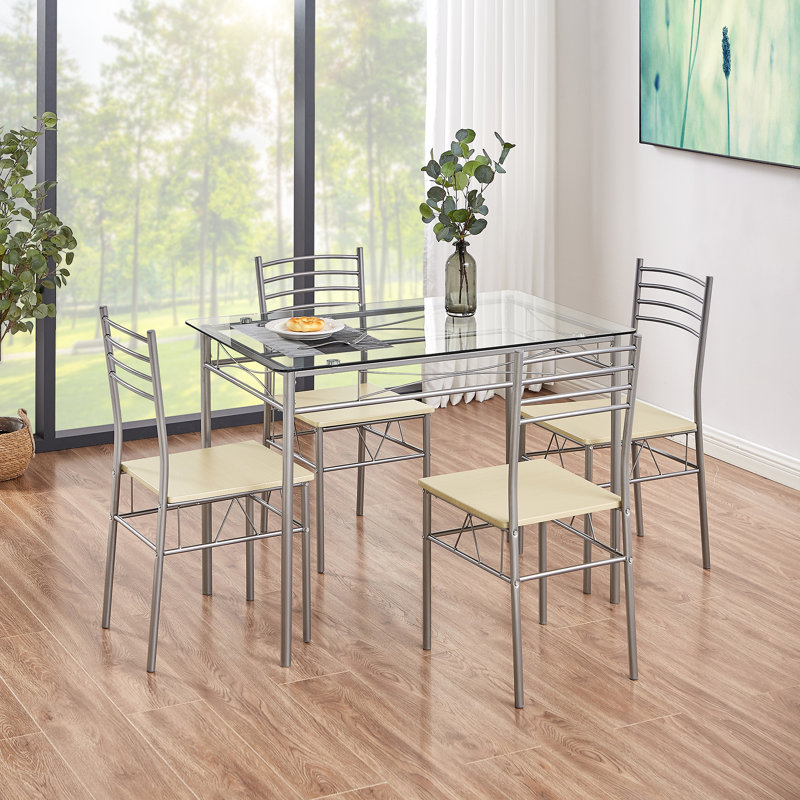 TC 5 Pcs Dining Table Set with 4 Placemats, Metal Glass Table and 4 Wood Chairs, Modern Kitchen Kitchen Table Set for 4, Space-Saving, for Dining Room, Living Room