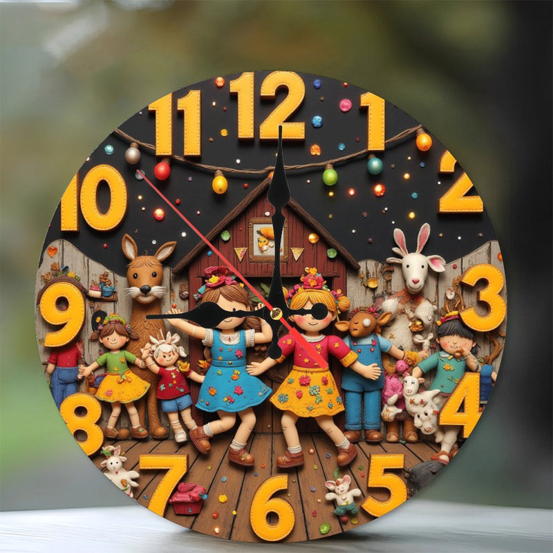Mignon, enfants, horloge festive, animaux de ferme