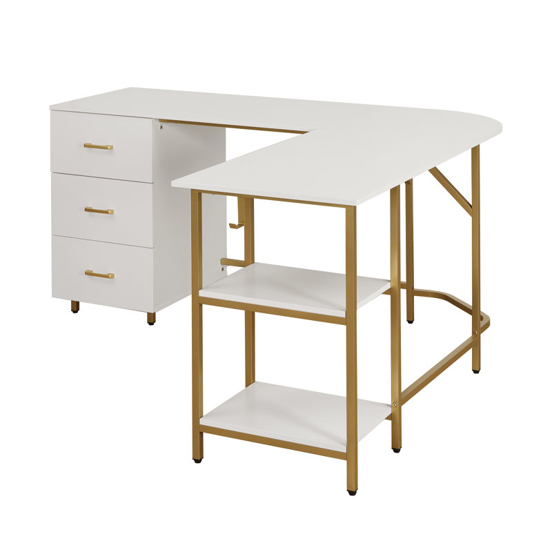 Techni Mobili L-Shape Home Office Two-Tone Desk With Storage, White/Gold