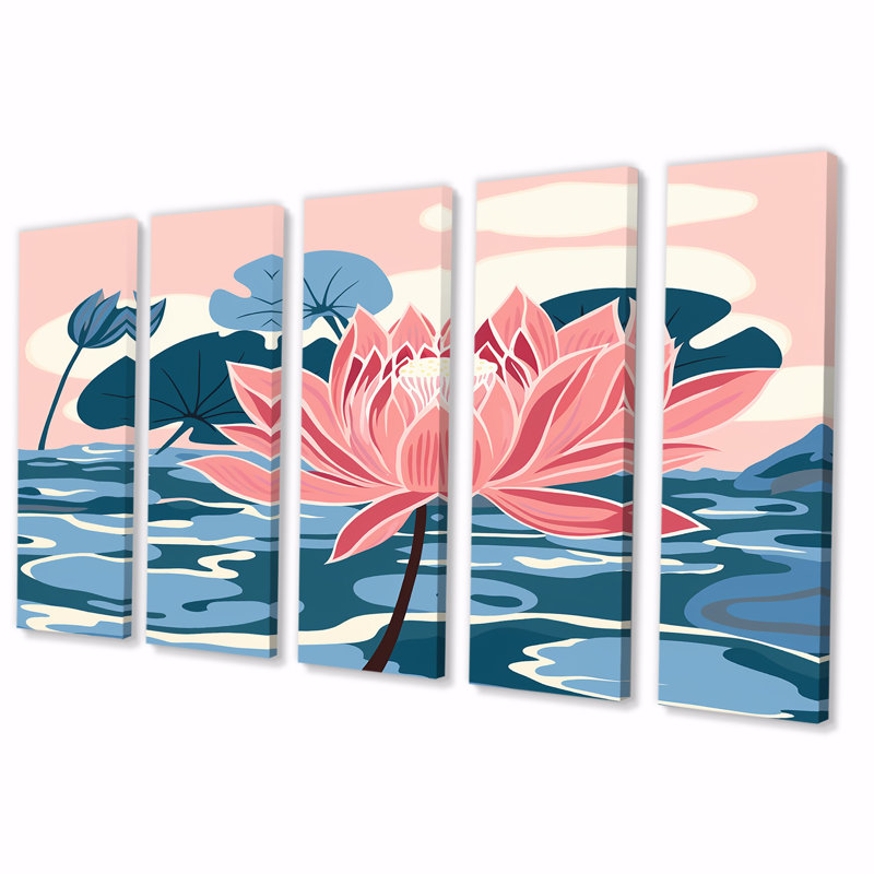 Fleur de lotus rose sur étang bleu - toile d'art lotus 5 pièces, H 28 po x l 60 po