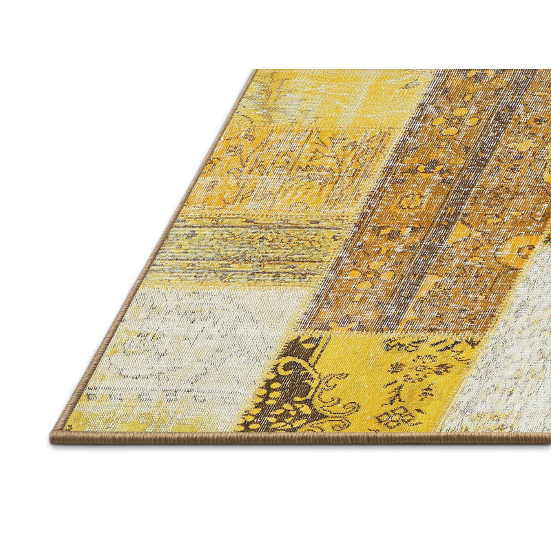 Tapis contemporain jaune / gris, Rectangle 2 pi x 5 pi