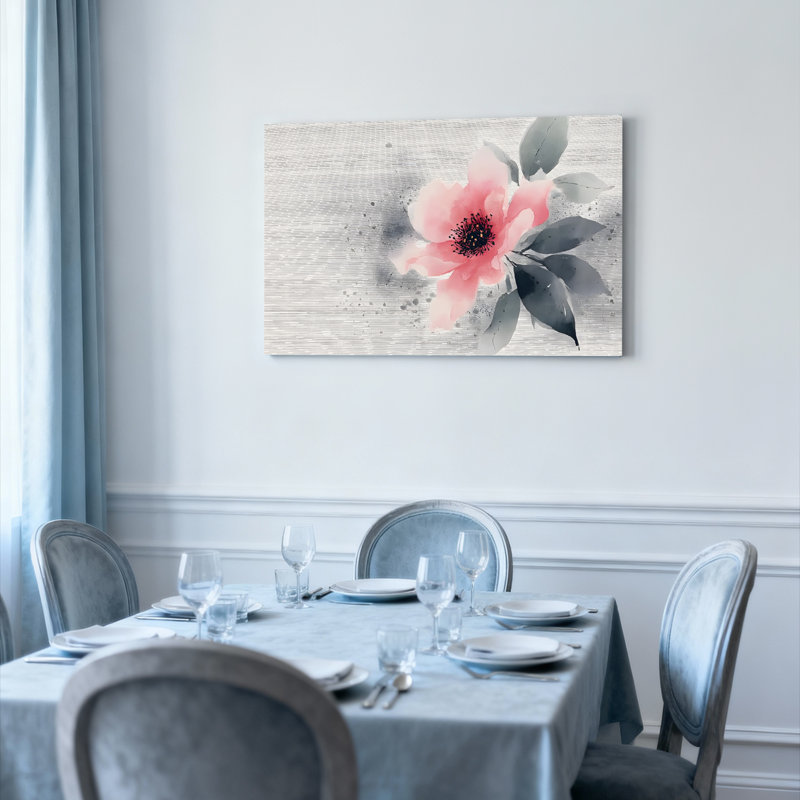 Ensemble de 1 tableau sur toile tendue, motif aquarelle de fleurs roses et de feuilles grises, H 24 po x l 36 po