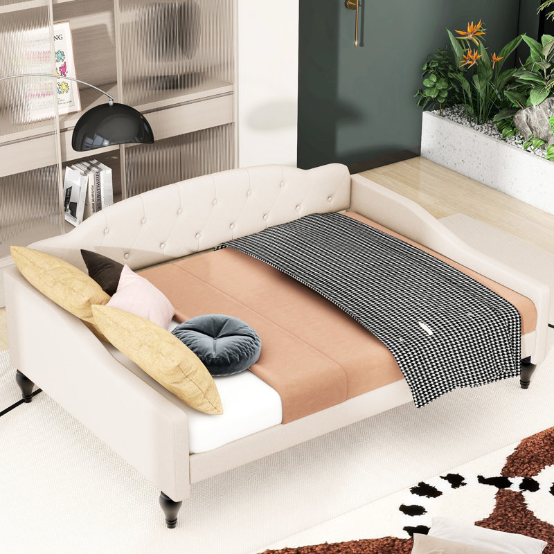 Lit de jour rembourré taille beige - Structure en bois sans sommier polyvalent pour différentes pièces Élégant avec cadre et revêtement en lin