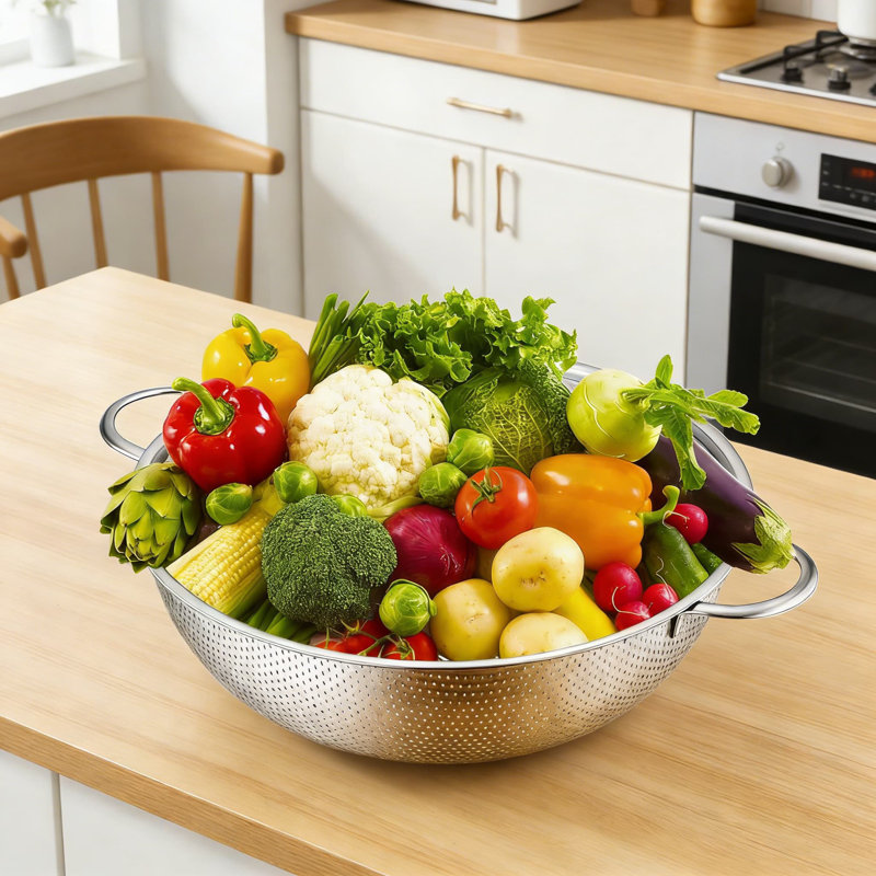 Professional Stainless Steel Colander Set With Fast-Drain Micro-Perforations, 3-Piece Nesting Strainers For Pasta, Vegetables, Fruits, And Berries