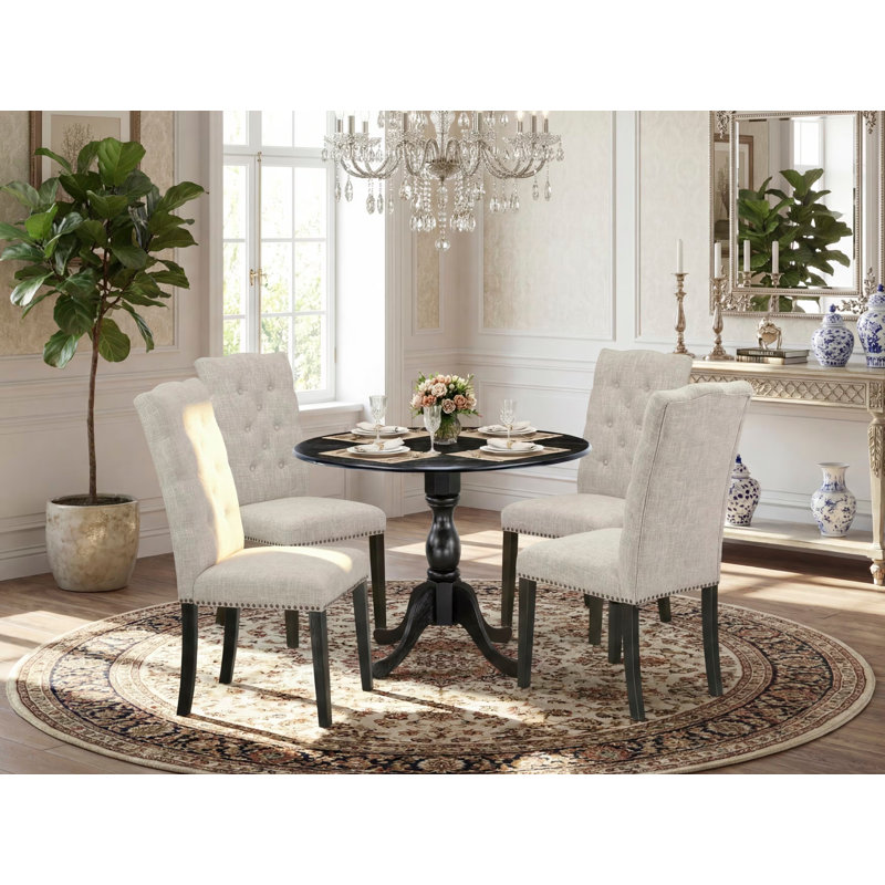 Solid Wood Top Dining table with Chairs with Drop Leaf Lattice Back, Beige, Wire Brushed Black, 5