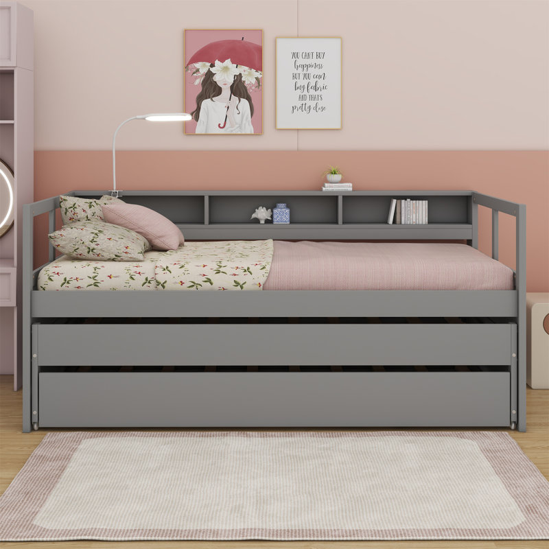 Daybed With 2 Trundles, Storage Shelves, 1 Light For Free And USB Charging Design, Grey