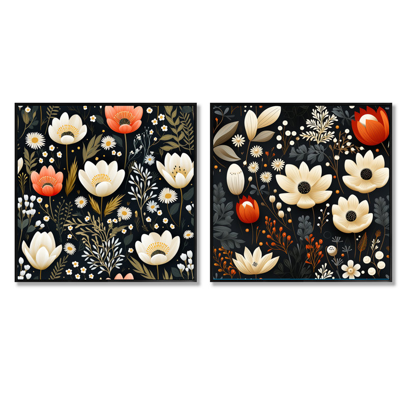 Sofie - Ensemble de 2 collages carrés botaniques abstraits, Cadre flottant noir, H 16 po x l 33 po