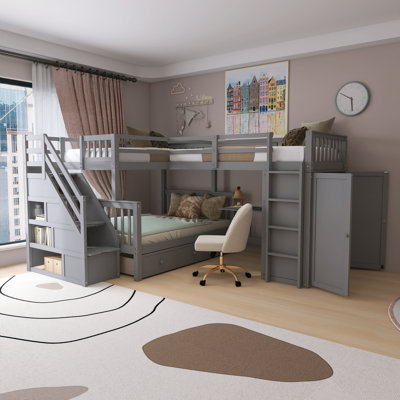 118'' Solid Wood Twin-Twin Over Full L-Shaped Bunk Bed With 3 Drawers, Portable Desk And Wardrobe -  Harriet Bee, DBFD4853AC0C411CAF9FD8E569242BC5