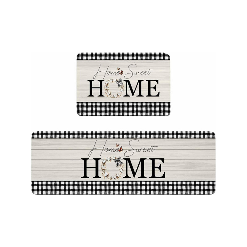 Tapis de cuisine 2 pièces Home Sweet Home, Farmhouse Gingham Home Decor for Kitchen & Bathroom, noir et blanc