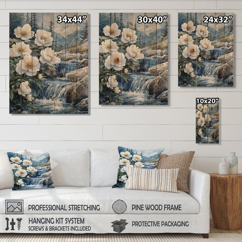 Pivoines blanches et les eaux glaciaires II - Décoration murale en bois de pivoines - sur bois de pin naturel