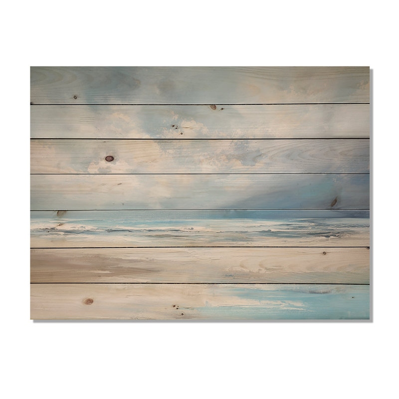 Coastal Beach Minimal Scenery - Coastal Ocean Wood Wall Art On Natural Pine Wood, 24" H x 32" W