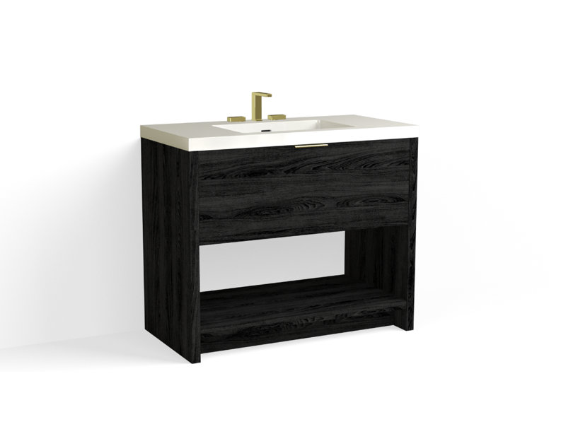 Vista 42" W Freestanding Single Bathroom Vanity, White Gloss, Charred/Satin Brass, 8" Widespread