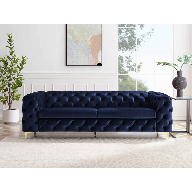 Ghaleb 237Cm Velvet Square Arms Sofa, Gold, Dark Blue Velvet