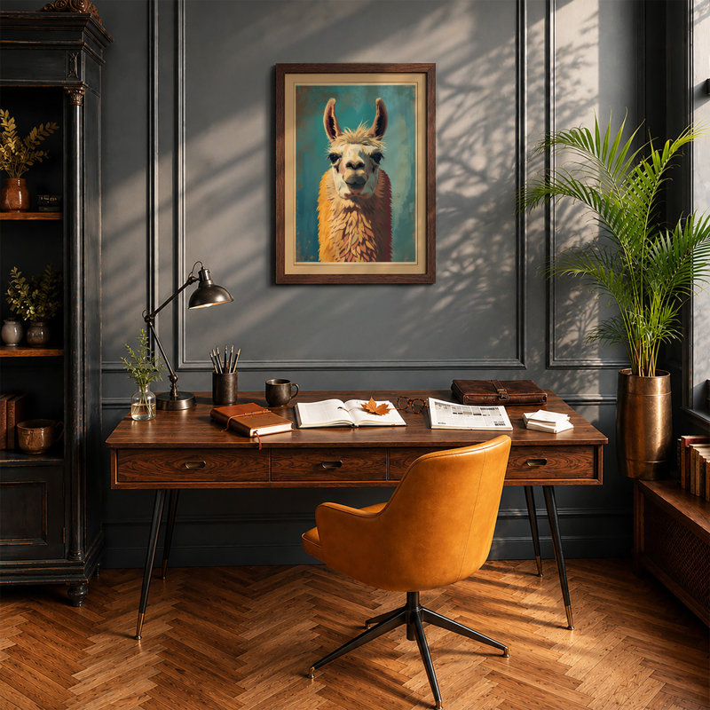 Llama Portrait Boho - Framed Print, A2 - 59.4 x 42.0 cm, Walnut