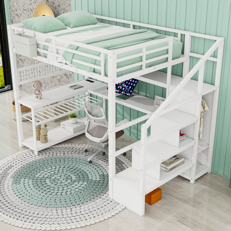 Full Metal Loft Bed With Light Strips, L-Shaped Desk, USB Ports And Storage Stairs, White