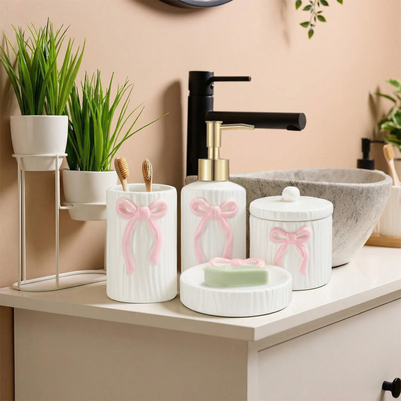 Salle de bain, accessoires de salle de bain (4 pièces / rose)