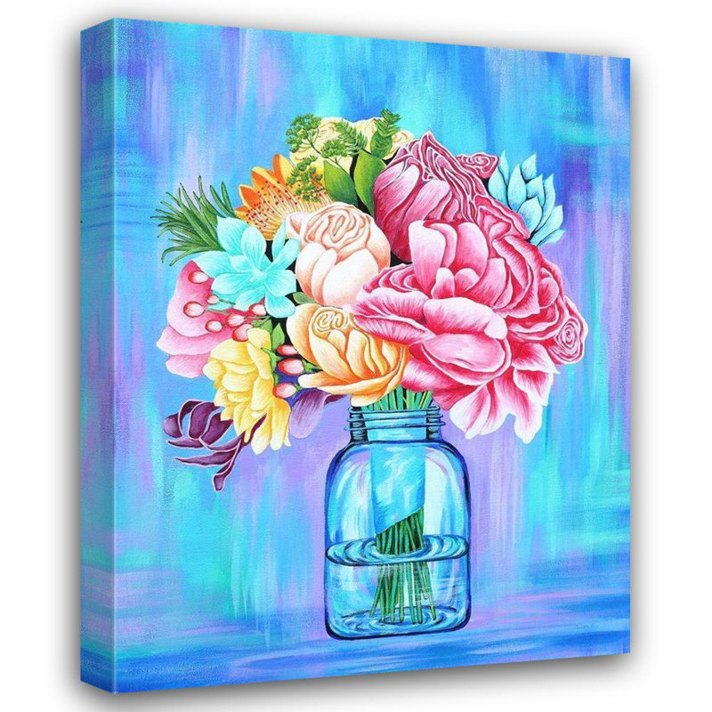 «Red Barrel Studio® Wickstrom, art sur toile tendue par Martin Gallery: fleurs colorées dans un pot Mason