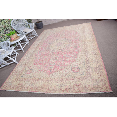 Tapis turc Oushak tissé à la main - Design tribal rose discret rétro pour décoration de salon