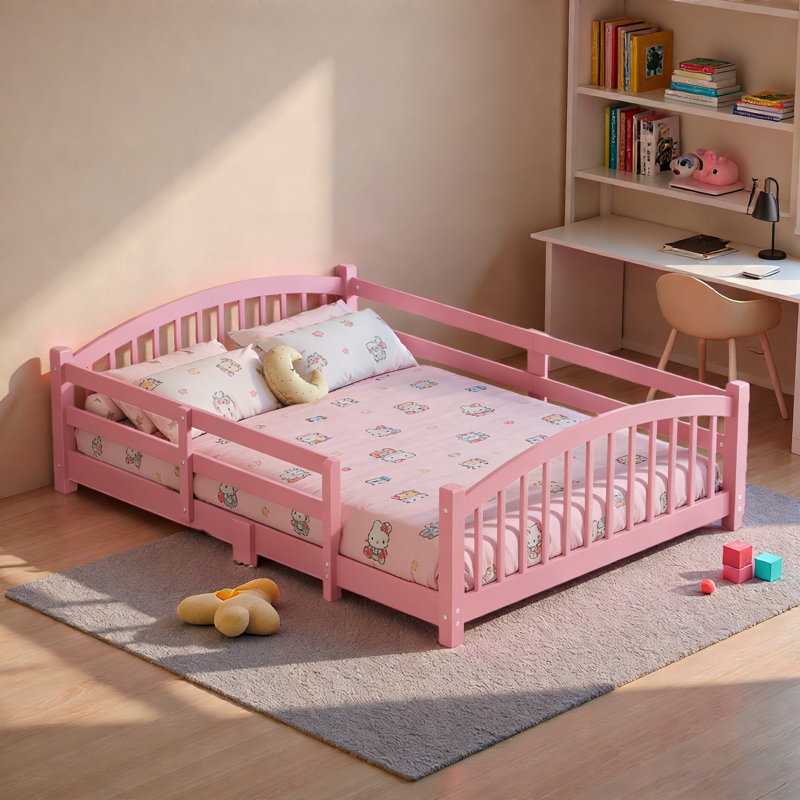 Lit bas Montessori avec rails de sécurité et tête de lit, Simple, Rose