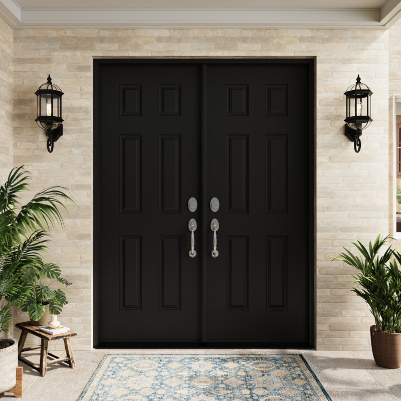 Entry Front Exterior Fiberglass Door 60" x 80"(2 * 30" x 80") Painted Black 6-Panel French Door With Jamb,Classic Design & Modern Style & Long-Lasting Use, Right-Hand Inswing (Not Included Hardware Kit)