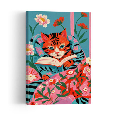 Whimsical Cat Reader Contemporary Cat Flower Wall Art Print 1 Piece Wrapped Canvas Wall Art