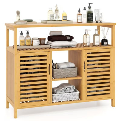 Natural Bamboo Kitchen Storage Cabinet, Freestanding 2 Door Slatted Cupboard with Internal Shelves, Multipurpose Home Furniture for Kitchen, Dining Room, Entryway, Living Room & Bathroom
