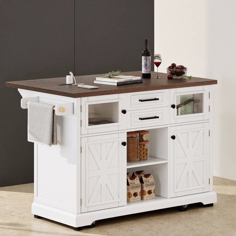 54.9" Farmhouse Kitchen Island with Drop Leaf, Charging Station, Cross Barn Doors & Glass Panel, 4 Internal Racks, Lockable Hidden Wheels