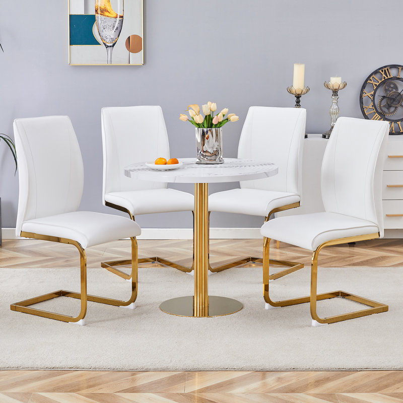  Ensemble de 5 tables de salle à manger rondes en marbre blanc avec chaises en polyuréthane haute résilience, blanc