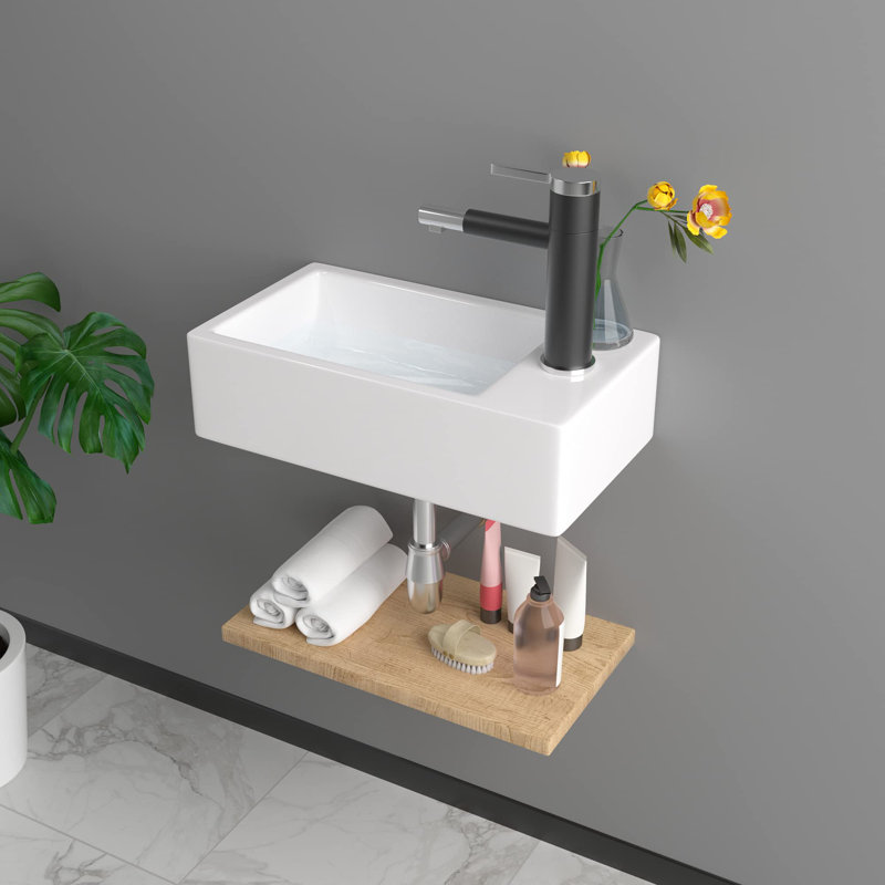 18" x 10" White Ceramic Rectangular Wall Mount / Vessel Bathroom Sink for Small Bathrooms
