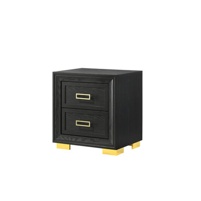 Table de chevet moderne 2, noir avec détails dorés pour table de chevet 2 tiroirs et finition dorée