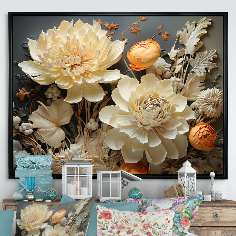 Ivoire floral complexe sur toile, Cadre flottant noir, H 16 po x l 32 po x P 1 po