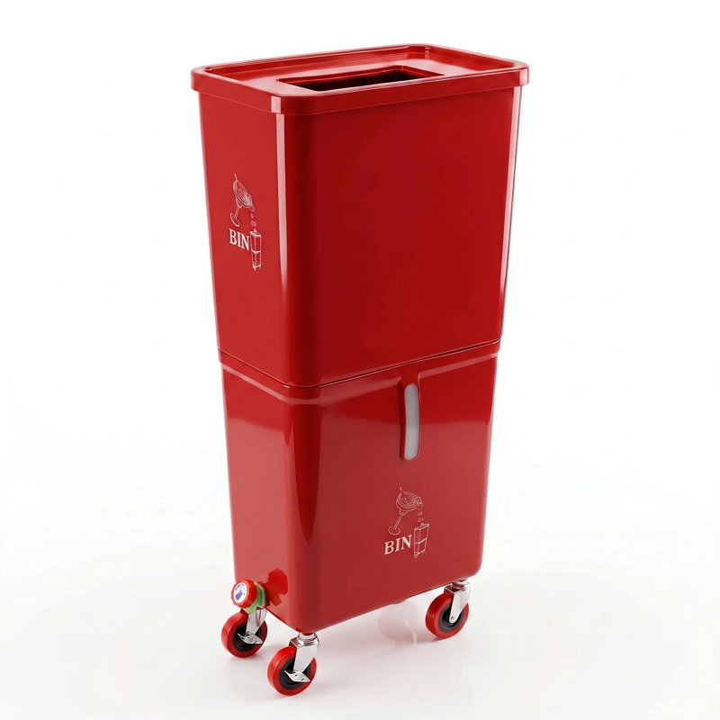 Bac à déchets de boissons commercial rouge avec roues verrouillables – Station de vidange à deux compartiments pour déchets liquides et solides, PEHD résistant aux fuites, pour bar, restaurant, traiteur et événements