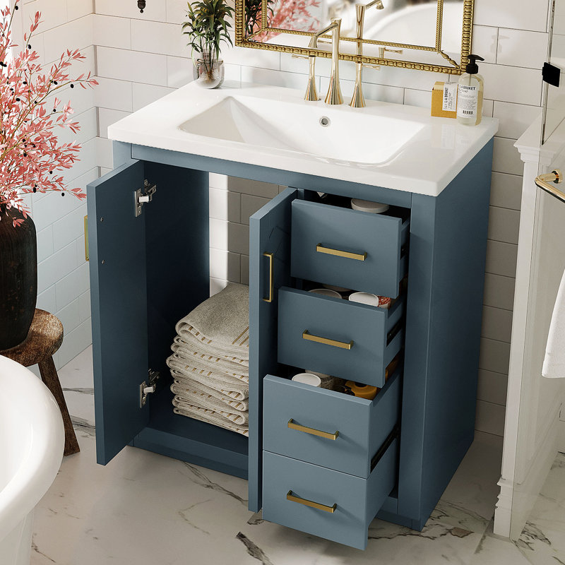 30" Retro Style Bathroom Vanity with Ceramic Sink, Solid Wood Frame, Ample Storage, and Soft-Closing Doors