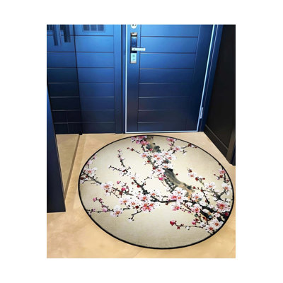 Gray Theme Tree Branch And Peach Blossom Patterned Round Woven Base Modern Decorative Carpet