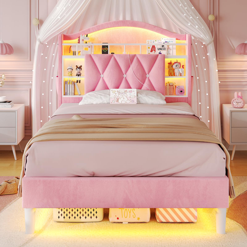 Velvet Upholstered Platform Bed With Led Lights And Charging Station, Princess Bed Frame With Led Lights Headboard,guardrail,crystal Button, No Box Spring Needed