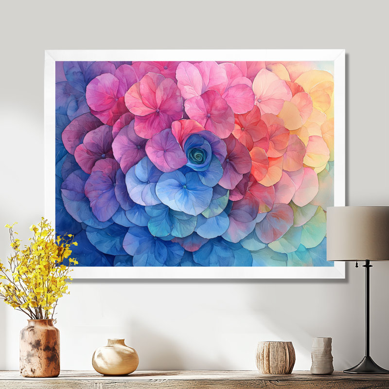 Tourbillon d'hydrangées colorées I - hydrangées, art mural, Impression d'un seul cadre photo, H 12 po x l 20 po, Blanc