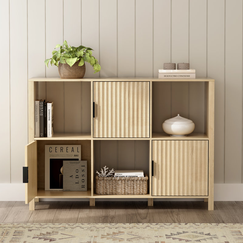 Modern Waveform Accent Cabinet With 3 Doors & Open Shelves – Mid-Century Buffet Table, Storage Sideboard For Living Room, Dining Room