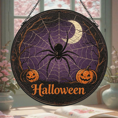 Panneau de vitrail rond en forme de citrouille Spider