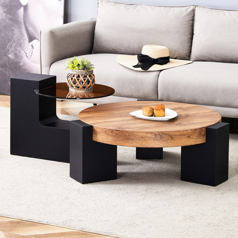 Table basse détachable à double couche avec plateau en verre transparent et pieds robustes en forme de L brun noir, ajout élégant