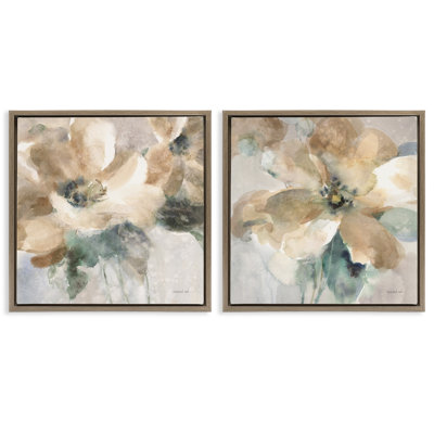 Ensemble de 2 toiles abstraites encadrées à motif de fleurs brunes par Danhui Nai
