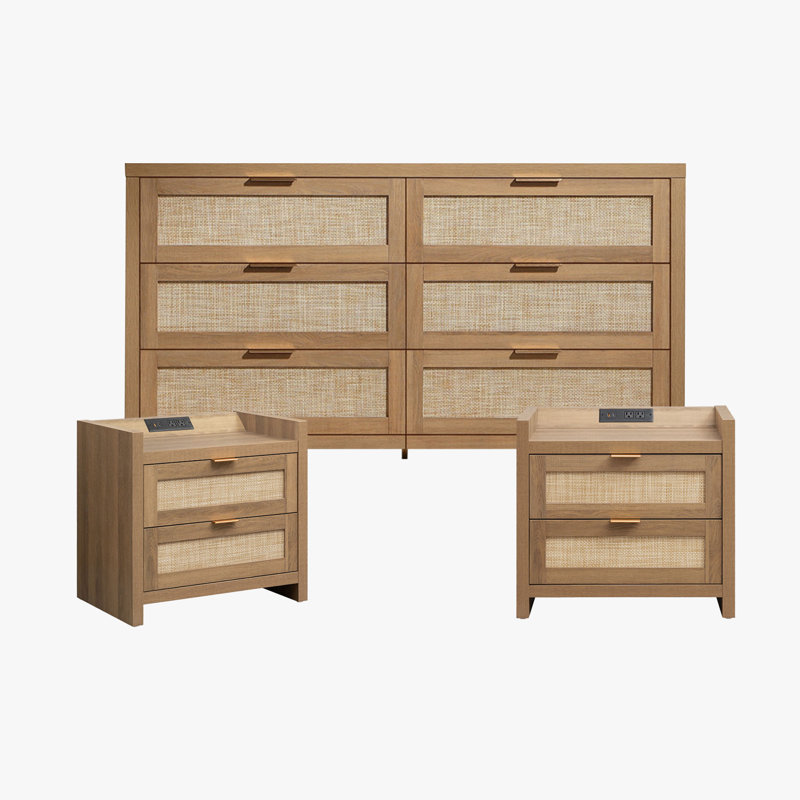Ensemble de chambre à coucher en rotin 3 pièces, commode 6 tiroirs et table de chevet 2 tiroirs, Brun