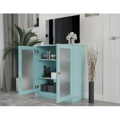Meuble télé 100% bois massif avec portes en verre givré et tablettes réglables pour téléviseur de 32 po ou moins