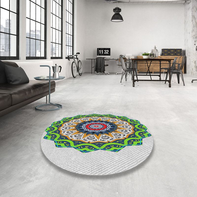 Tapis vert/bleu/gris tissé à la machine, Rond 3 pi