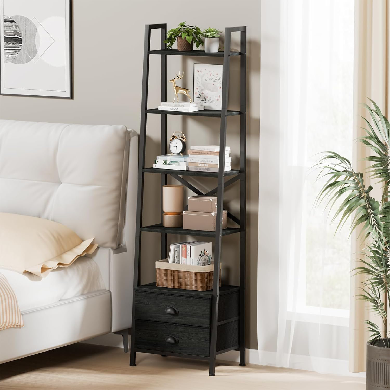 17 Stories 5-Tier Ladder Shelf With 2 Drawers,Narrow Bookshelf Storage ...