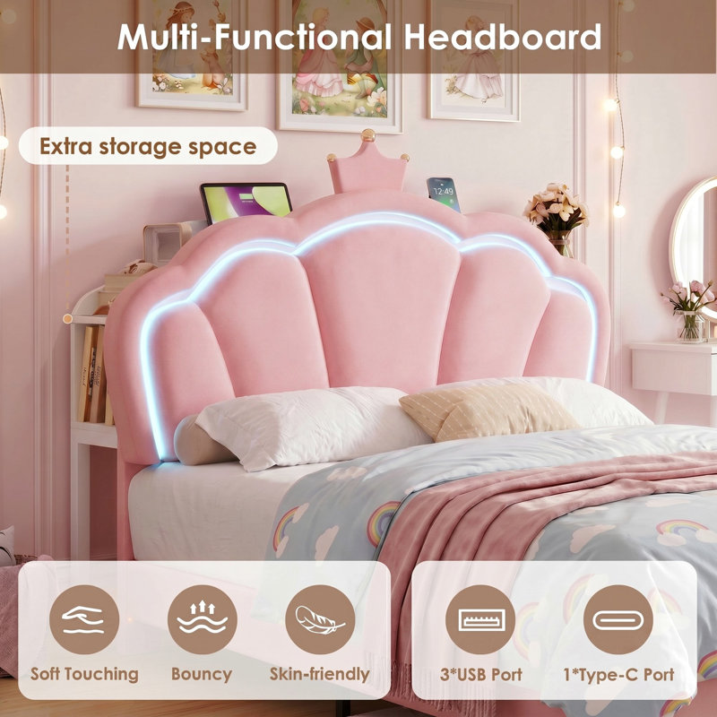 Floating Cloud Crown Velvet Bed with Headboard Storage, LED Light & Built-in Charging Outlet, Twin, Pink