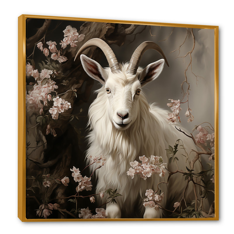 Alpine Alpine goat floral portrait II - Chèvre, art mural, Cadre flottant doré, H 30 po x l 30 po x P 1,5 po