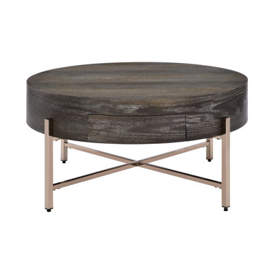 Brown Round Drum Coffee Table With Champagne Metal "X" Base And Drawer, Dark Oak Veneer Top, 16" High, For Living Area Single Tall, Suits Various Decor Styles