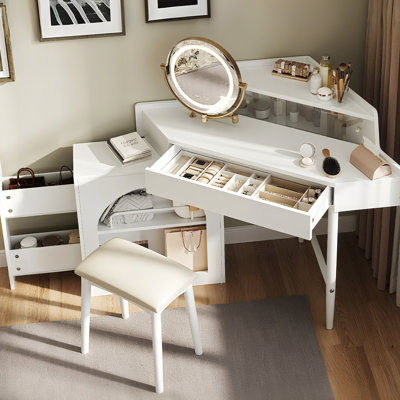 Meuble-lavabo de coin moderne blanc avec miroir tridimensionnel et pliable, rotation à 360 °, éclairage à 3 couleurs à DEL et tabouret confortable pour coiffeuse, modes de luminosité réglables, grand tiroir de rangement pour cosmétiques